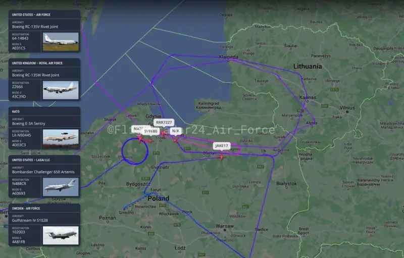 Рекордные пять самолетов-разведчиков НАТО патрулируют небо в районе Калининграда Рекордные пять самолетов-разведчиков НАТО патрулируют небо в районе Калининграда