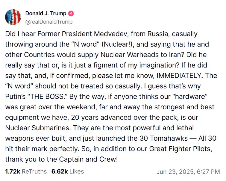 Трамп потребовал немедленно сообщить ему, если Медведев всерьез говорил о передаче ядерного оружия Ирану